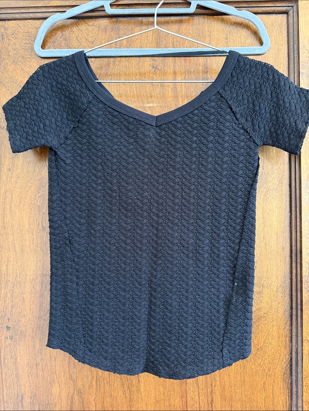 Free People Black Textured V-Neck Short Sleeve Top